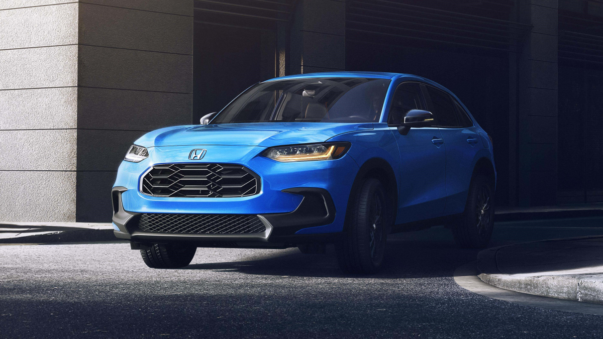 Front hero view of a blue 2026 Honda HR-V Sport on a city street