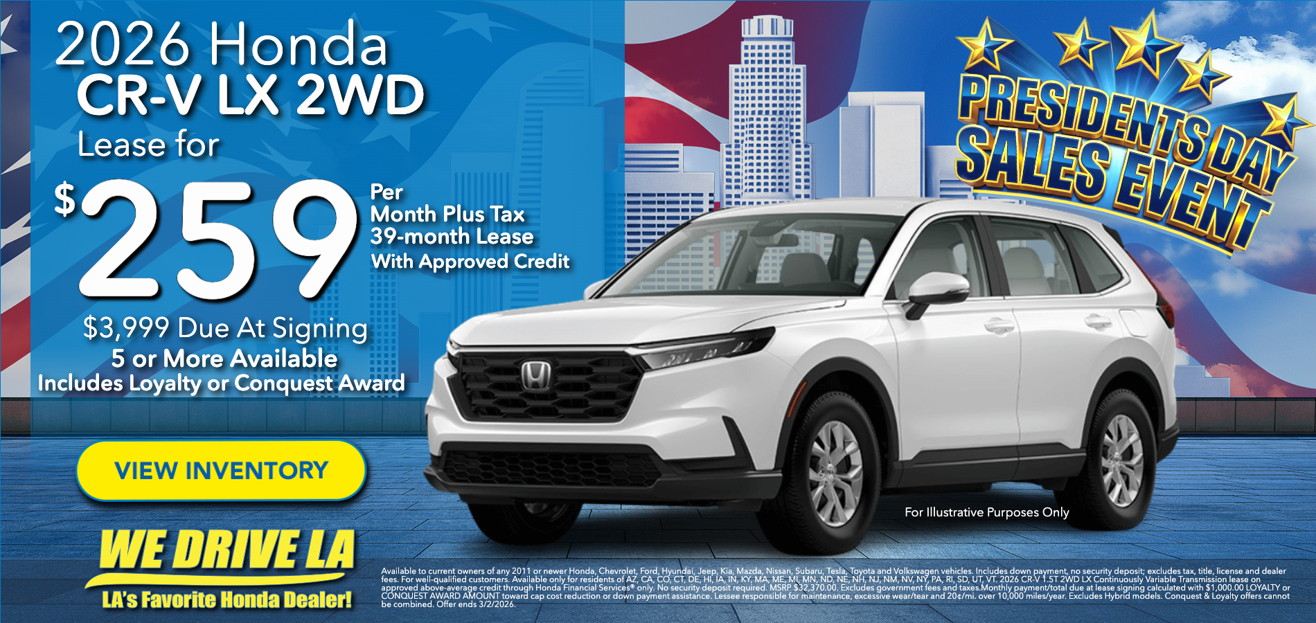 2026 Honda CR-V LX Lease starting at $259 per month