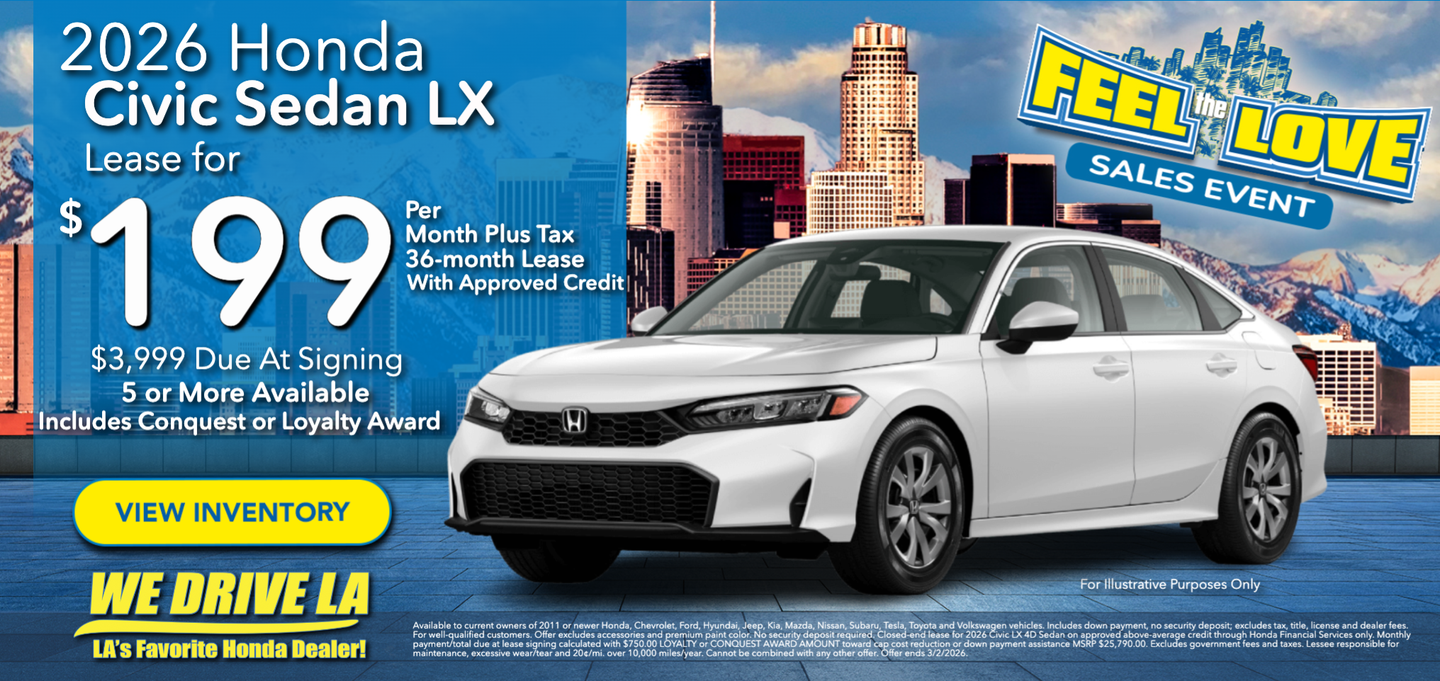 2026 Honda Civic LX Lease starting at $199 per month