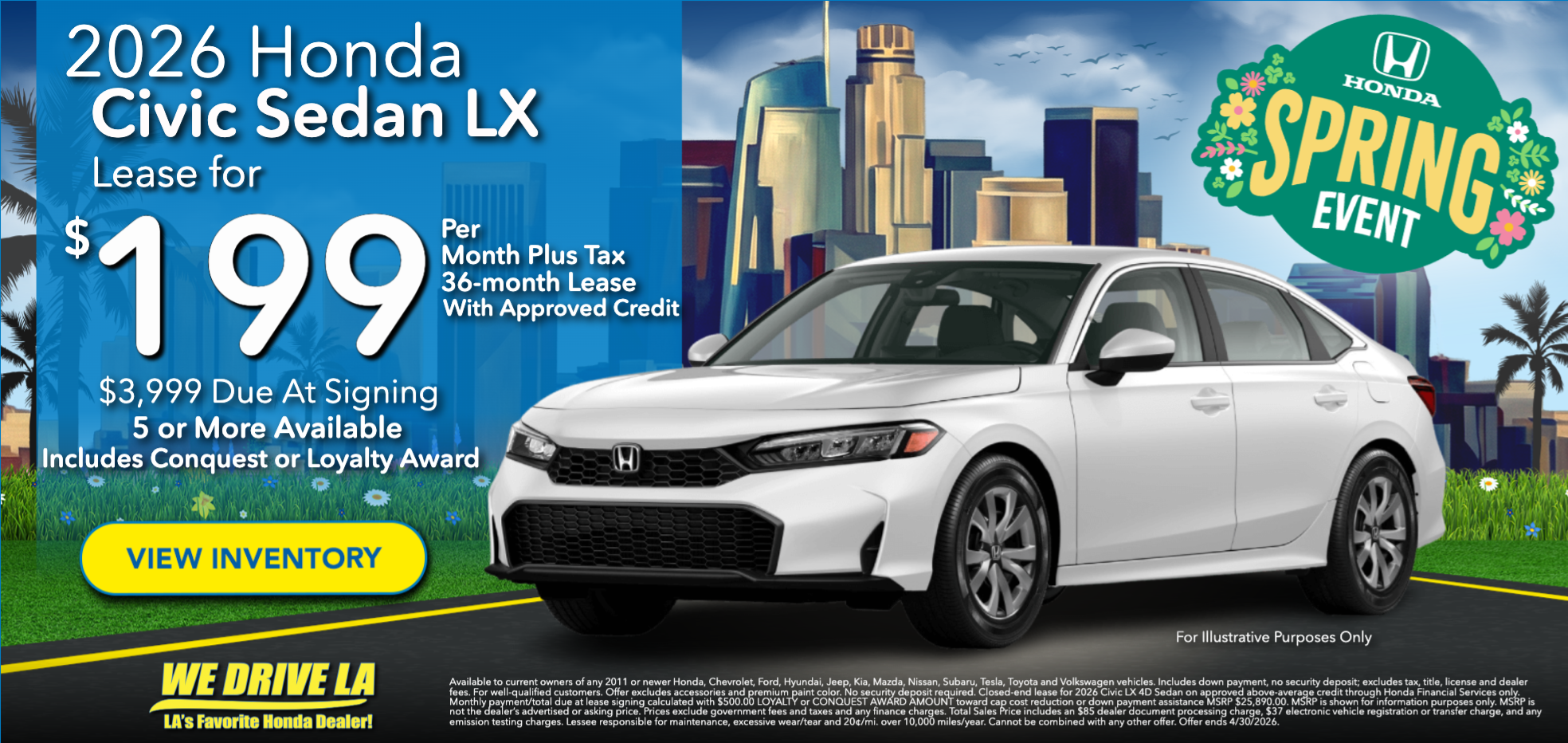 2026 Honda Civic LX Lease starting at $199 per month