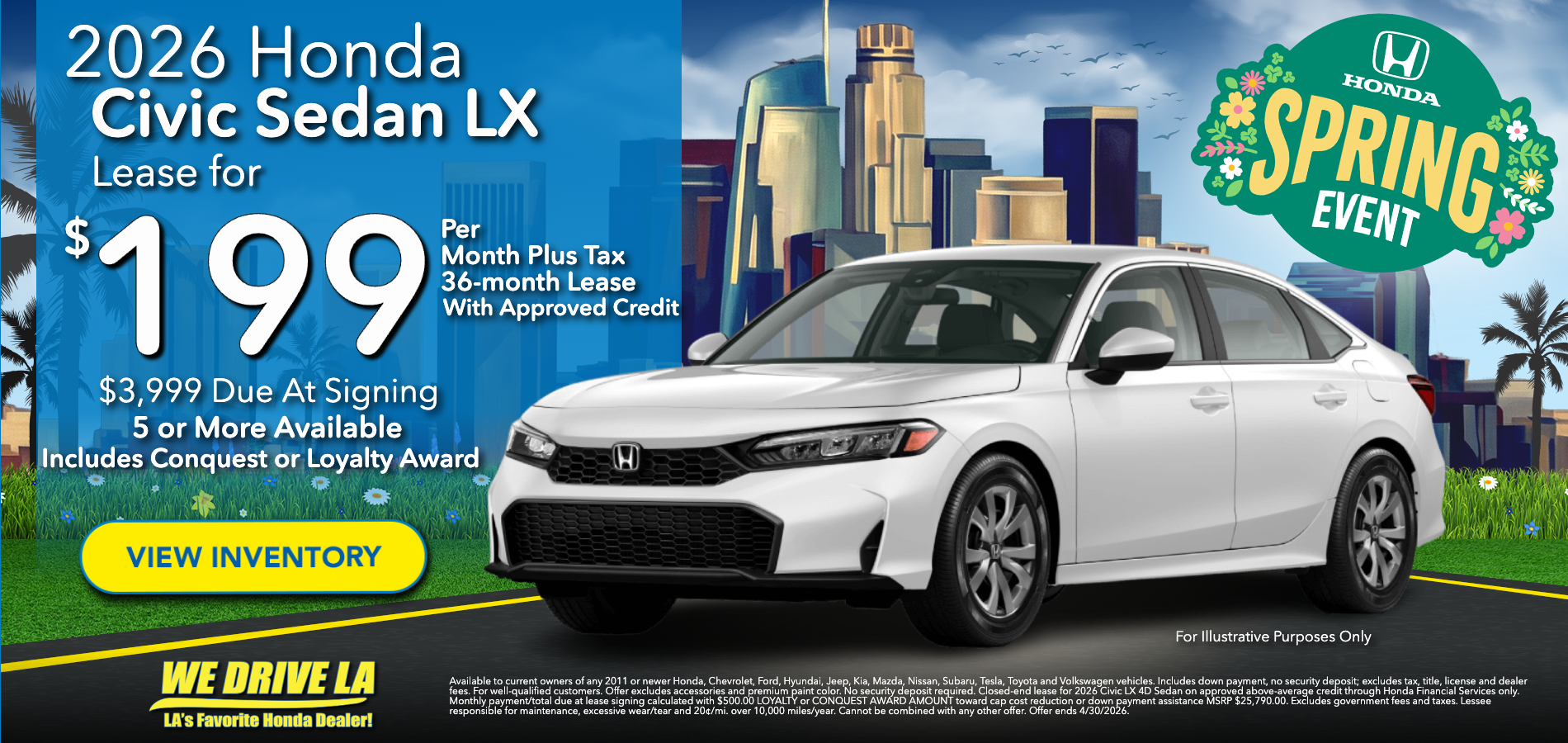 2026 Honda Civic LX Lease starting at $199 per month