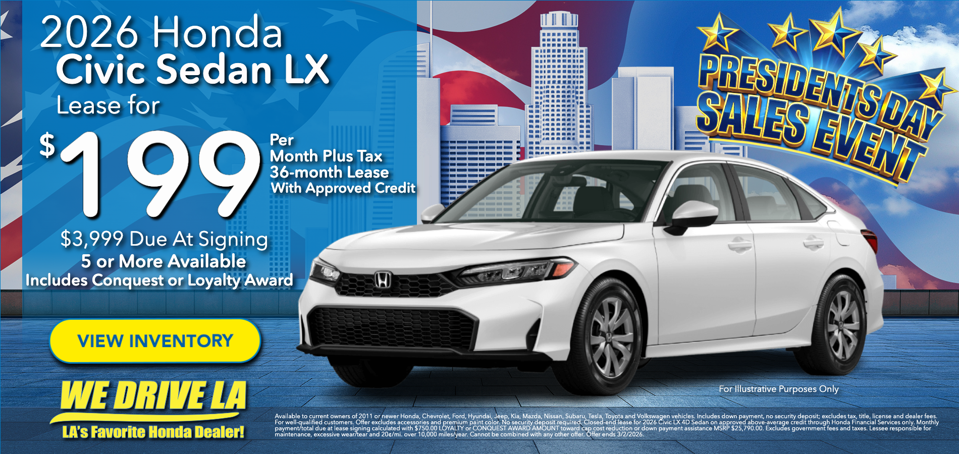 2026 Honda Civic LX Lease starting at $199 per month