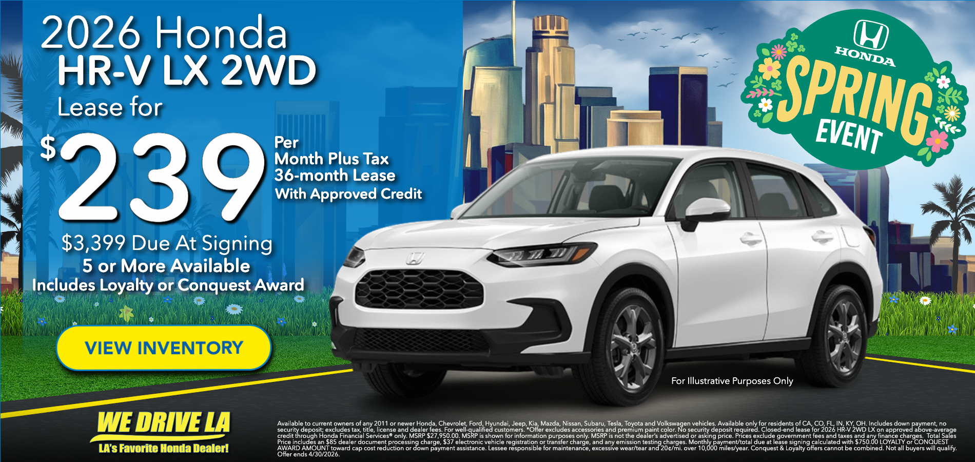 2026 Honda HR-V LX Lease starting at $239 per month