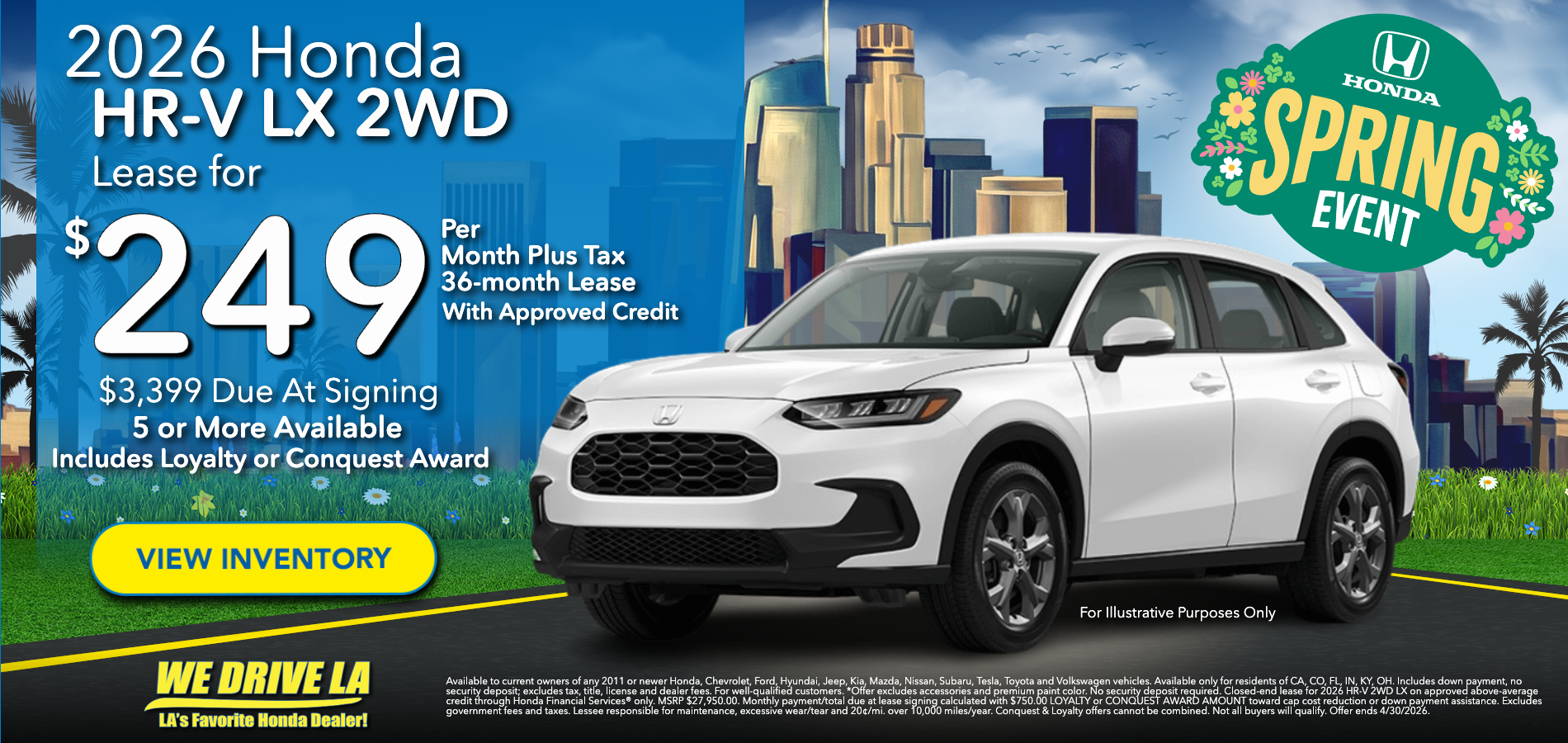 2026 Honda HR-V LX Lease starting at $249 per month