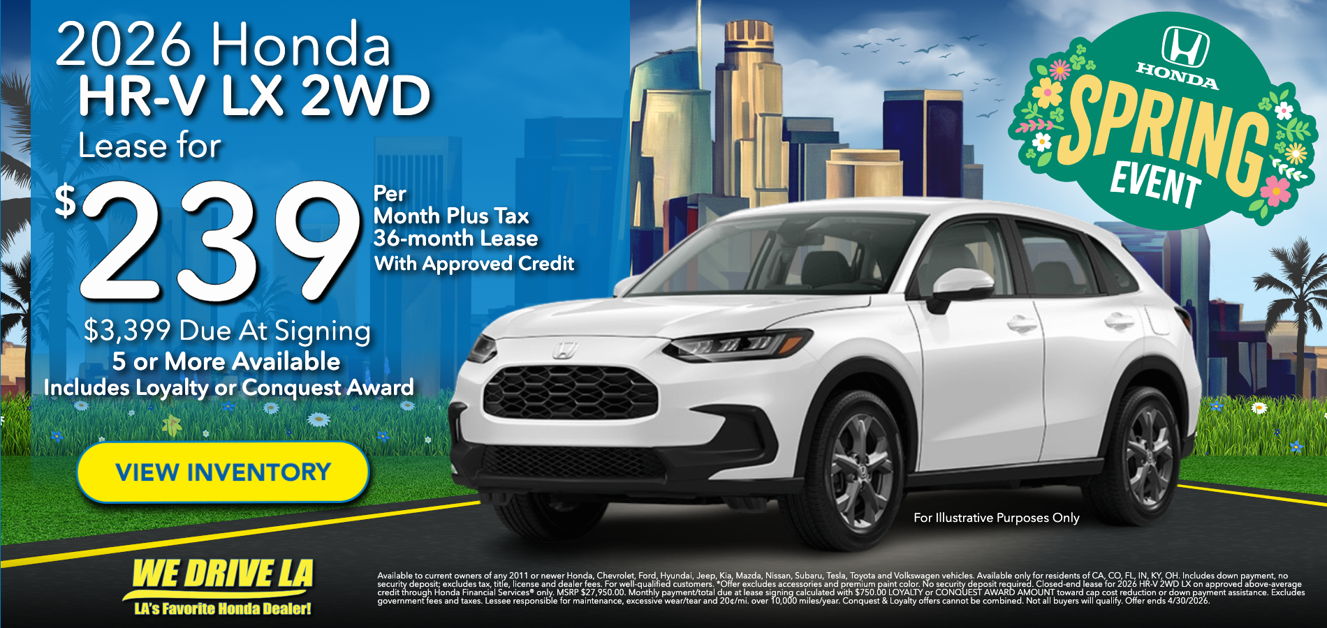 2026 Honda HR-V LX Lease starting at $239 per month