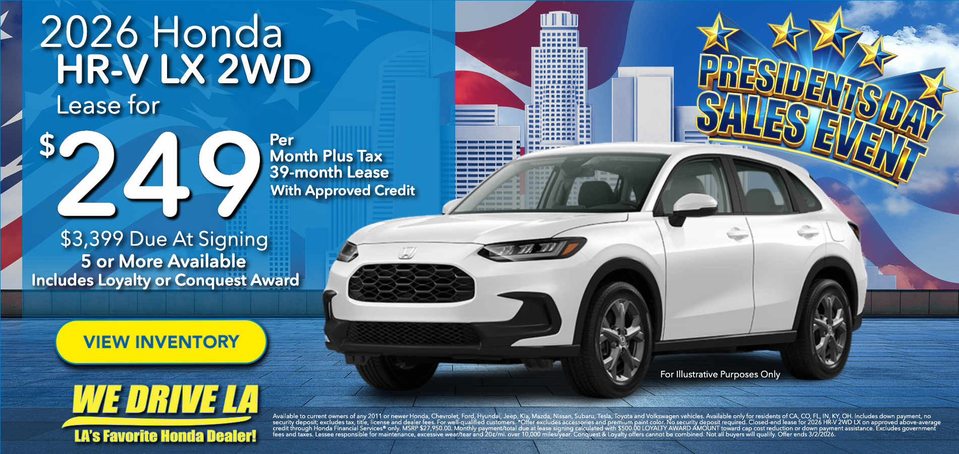 2026 Honda HR-V LX Lease starting at $249 per month