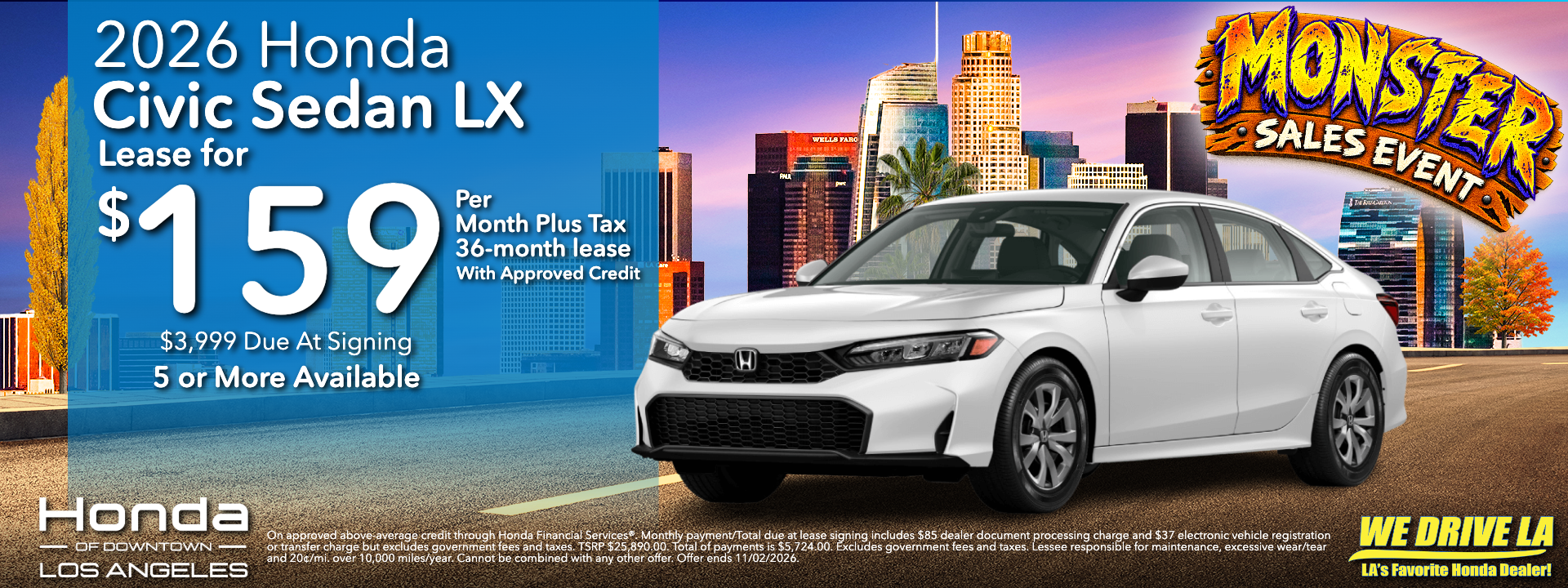 2026 Honda Civic LX Sedan Lease at Honda DTLA