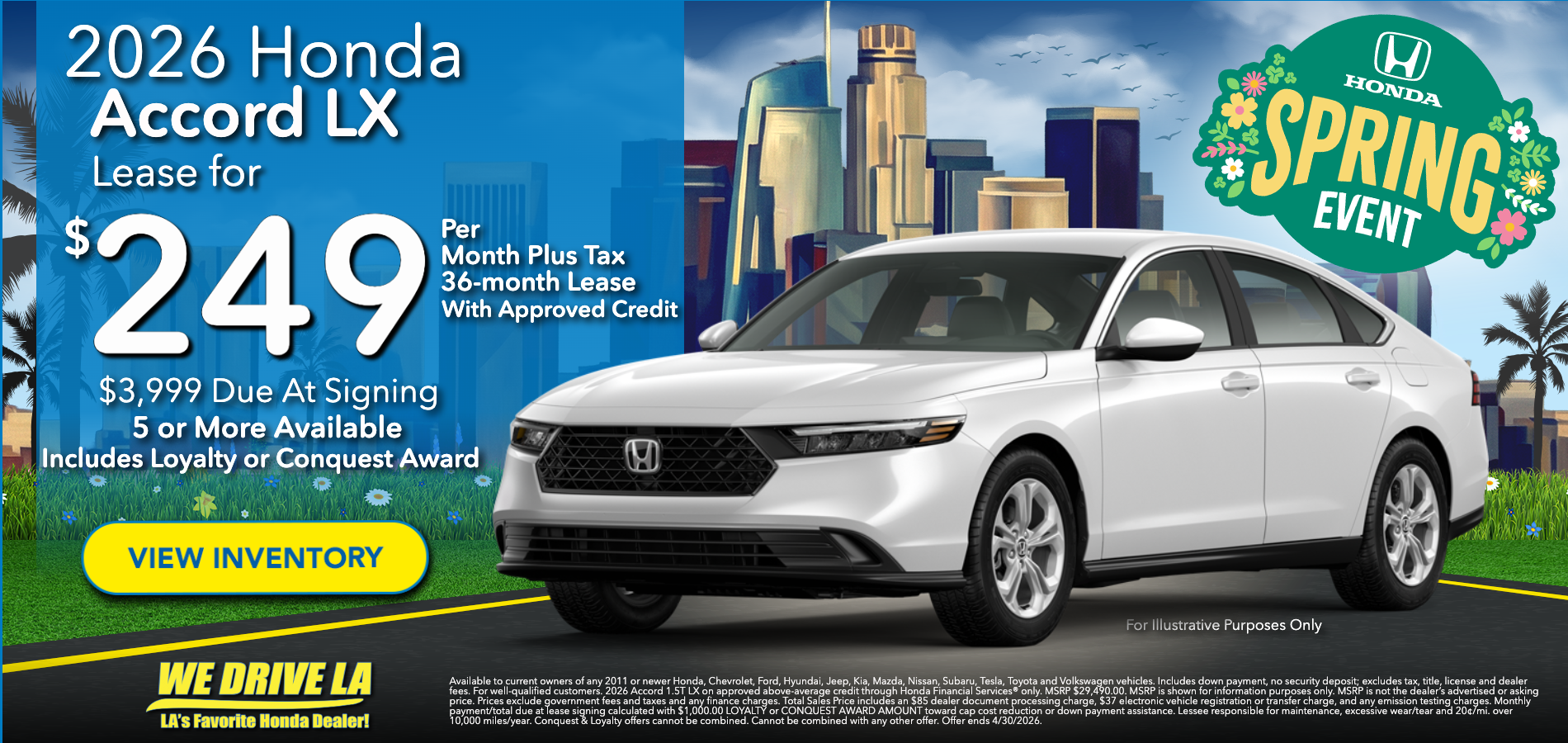2026 Honda Accord LX Lease starting at $249 per month
