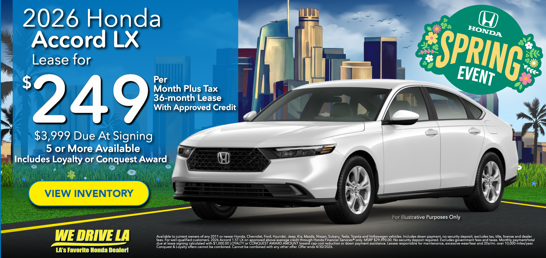 2026 Honda Accord LX Lease starting at $249 per month